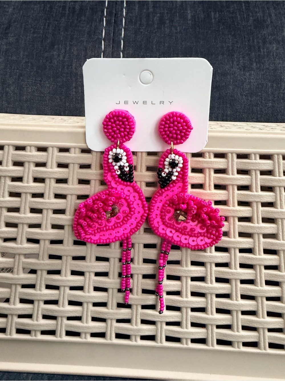 Bright Pink Beaded Flamingo Drop Earrings -